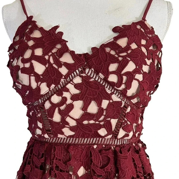 Aqua Red Maroon Lace Dress XS Midi Length Spaghetti Strap V Neck Cocktail Formal - Picture 7 of 12